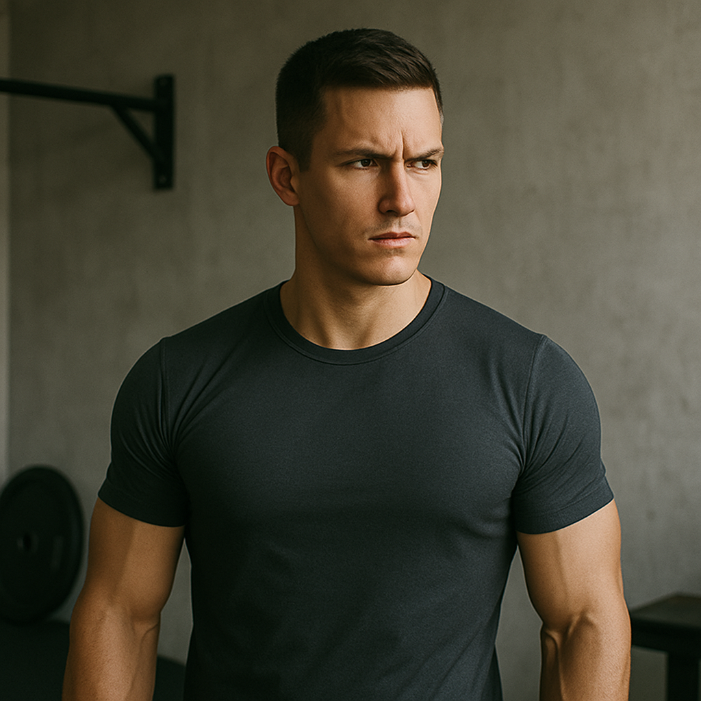 Portrait of Alex – tactical, focused trainer in home gym setting