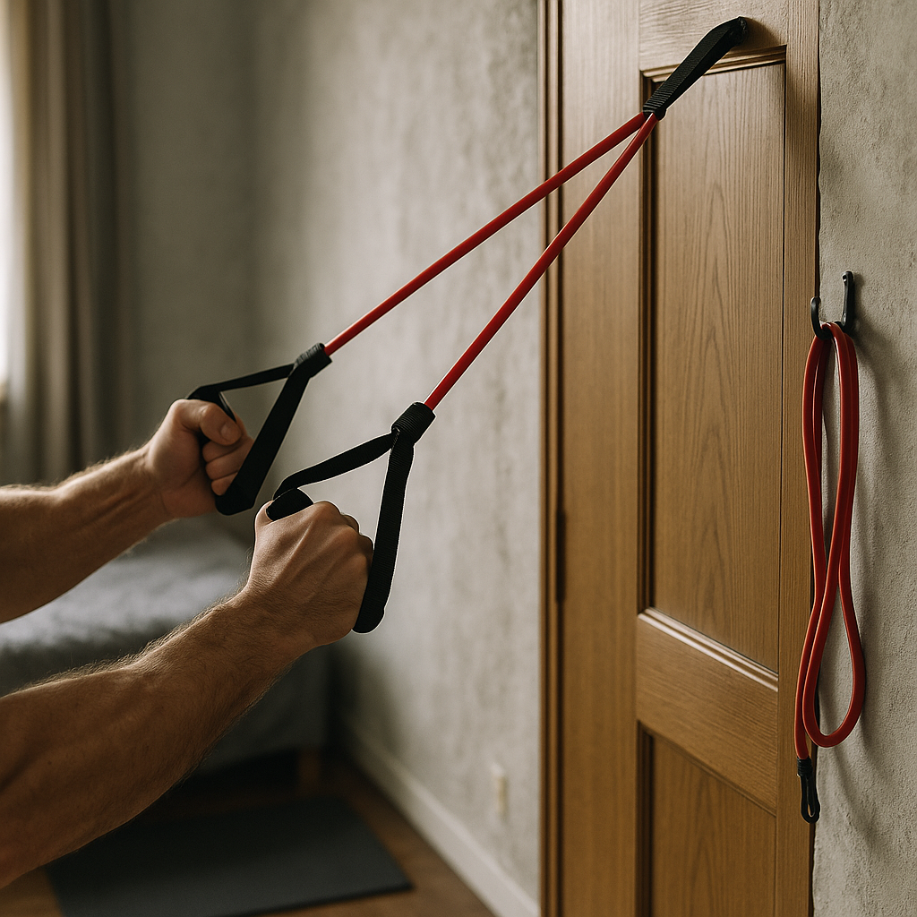 Resistance Bands Anchored to Door with User Rowing