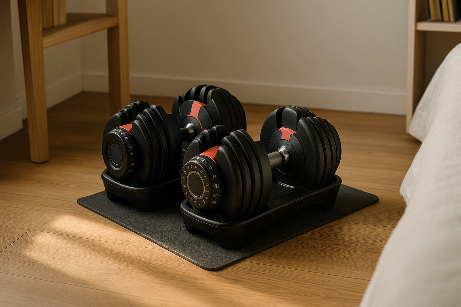Adjustable Dumbbells on Mat in Small Room