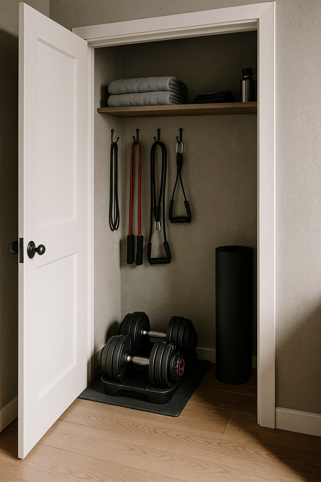 Closet Corner Gym Setup with Dumbbells and Bands